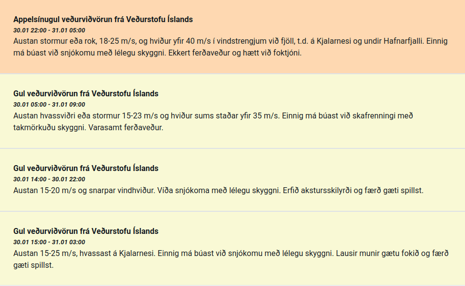 APPELSÍNUGUL VIÐVÖRUN GEFIN ÚT AF VEÐURSTOFUNNI Í DAG